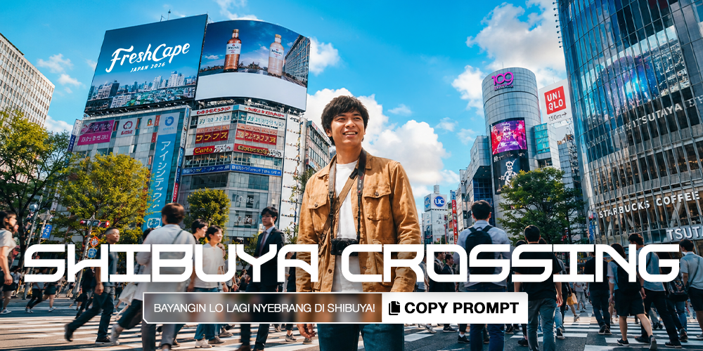Gunakan foto yang diunggah sebagai referensi orangnya. Buat foto realistis yang memperlihatkan saya sedang menikmati pengalaman FRESHCAPE di Jepang. Saya sedang menyeberangi Shibuya Crossing yang sangat ramai dengan senyum natural, mengenakan outfit streetwear yang stylish, dan memancarkan vibe wisatawan yang autentik. Di latar belakang terdapat billboard digital raksasa bertuliskan FRESHCAPE. Gaya fotografi travel ultra realistis dengan pencahayaan sinematik, detail tinggi, komposisi portrait rasio 3:4, hanya satu foto, tanpa kolase. 
